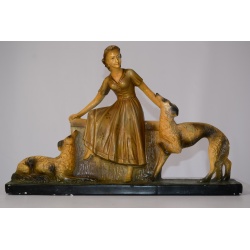 Beeld vrouw met honden Art Deco